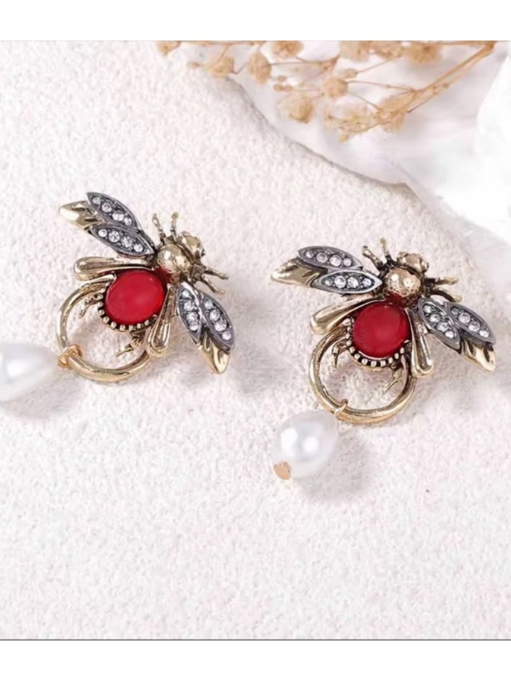 Vintage Gold Bee Earrings with Red Stone and Pearl Drop - Picture 3 of 4